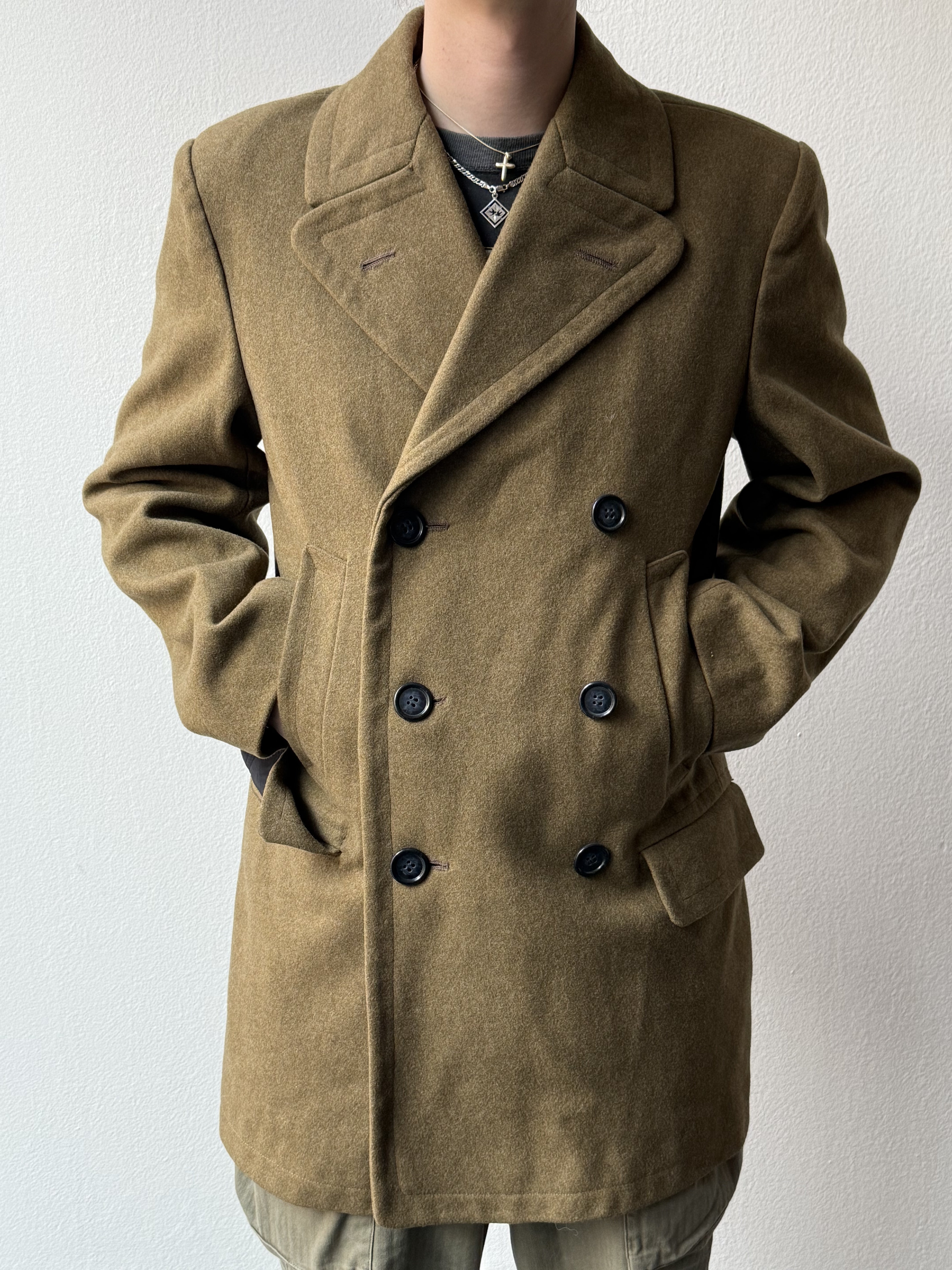 Vintage 1960s Double Breasted French Military Wool Coat - size L