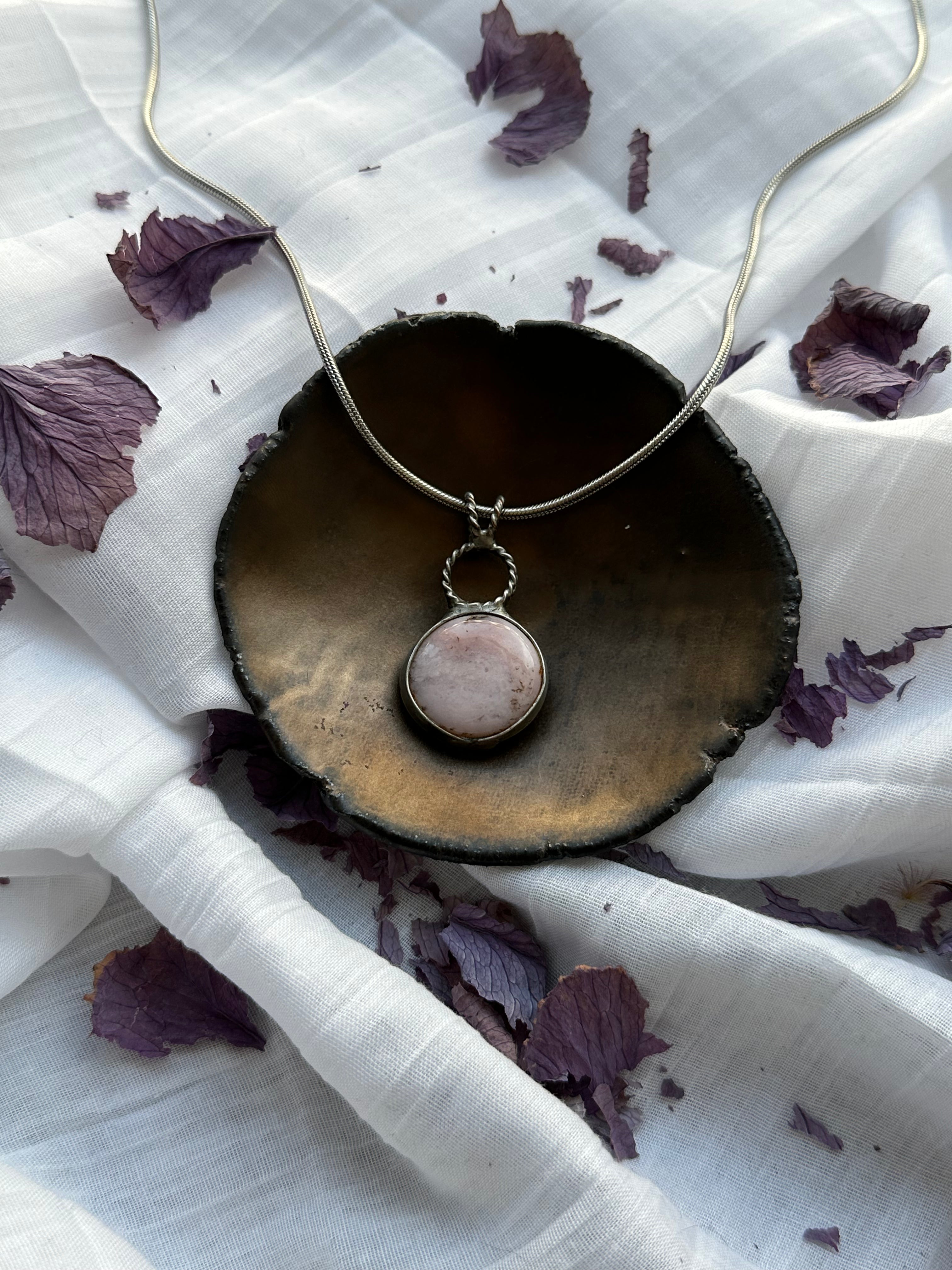 "She Sleeps in Rosewater" - Mangano Calcite Pendant by Laura Řezaninová